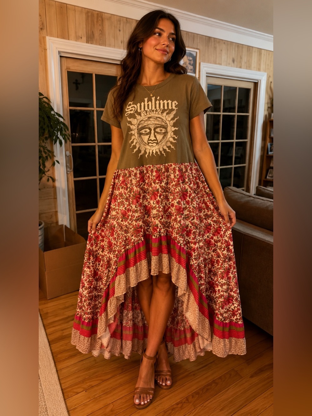 Sublime Graphic Sun Tee and Vintage Floral High-Low Skirt Upcycle